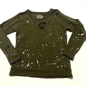 Chaser olive green splattered distressed sweater size medium